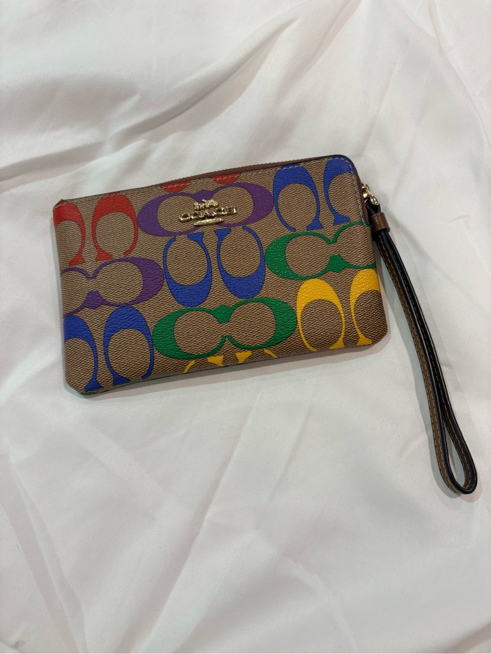Coach Brown Signature Canvas Wristlet with Multicolor Logo rainbow colors